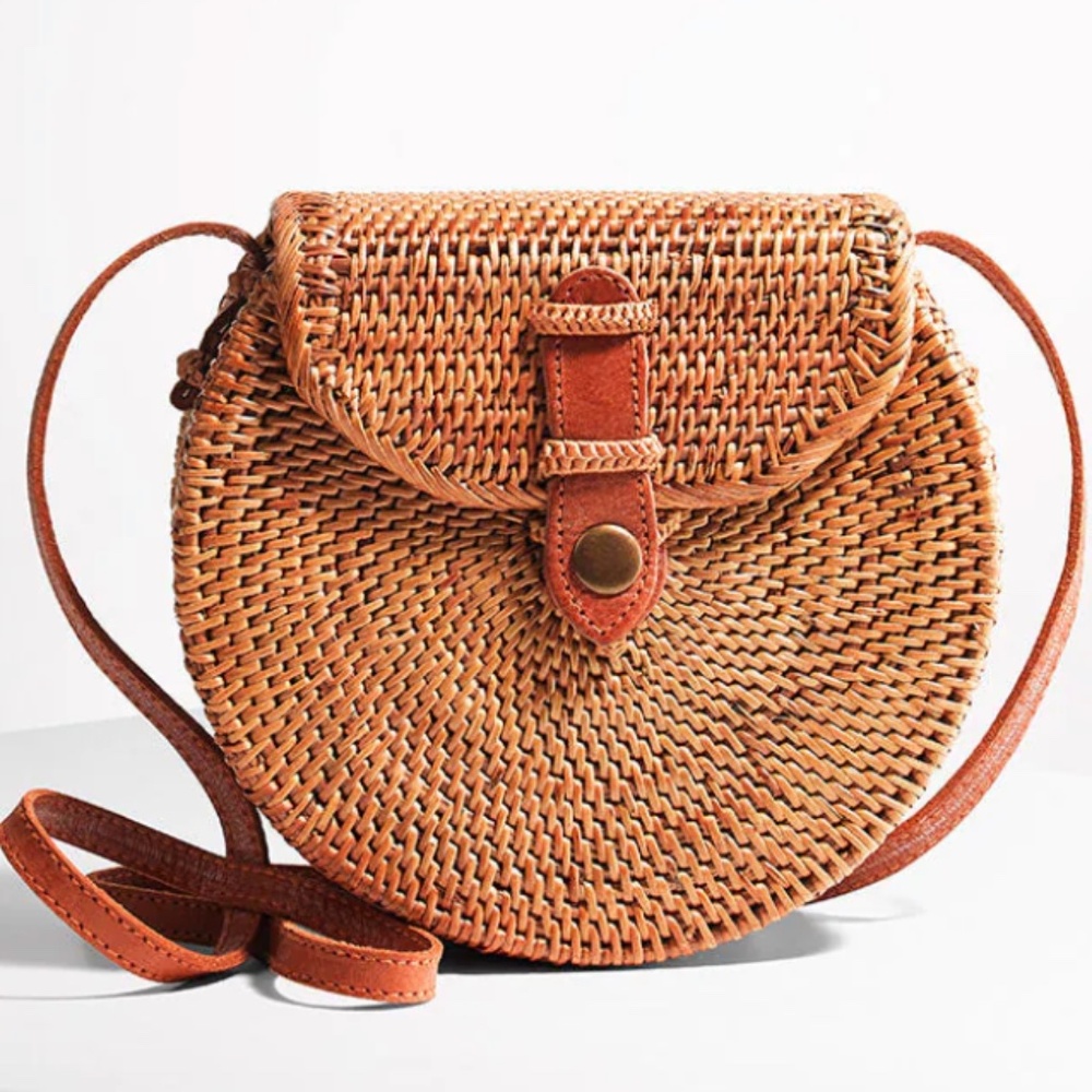 Balinese grass rattan and leather adjustable crossbody